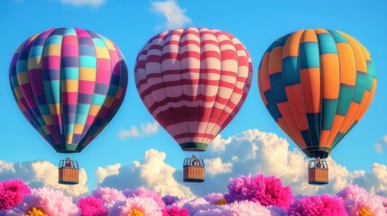Fototapeta premium Colorful hot air balloons with patchwork, heart patterns, and geometric designs flying over vibrant pink and purple flowers field under blue sky perfect for travel, adventure, festival background pea