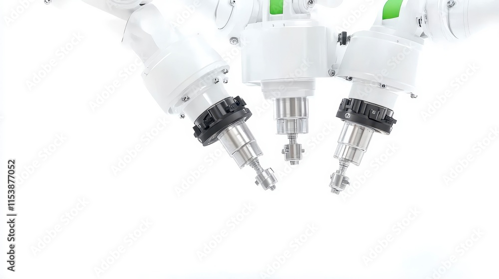 Poster three robotic arms with precision tools, designed for automation, showcasing advanced engineering in