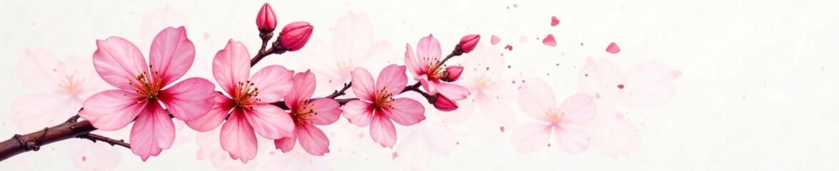 Fototapeta premium delicate petals on a branch of abstract sakura flowers made of fluid alcohol ink and gold accents on a soft white background, ink, gold