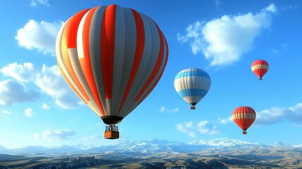 Fototapeta premium Colorful hot air balloons floating over scenic mountain landscape, clear blue sky, adventurous travel concept, perfect for tourism, outdoor activity, summer vacation, aerial view, peaceful atmosphere