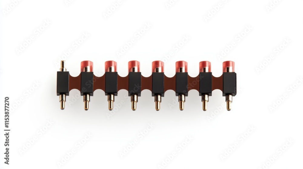 Poster a row of connectors with red tips, designed for electronic applications, showcasing a clean, minimal