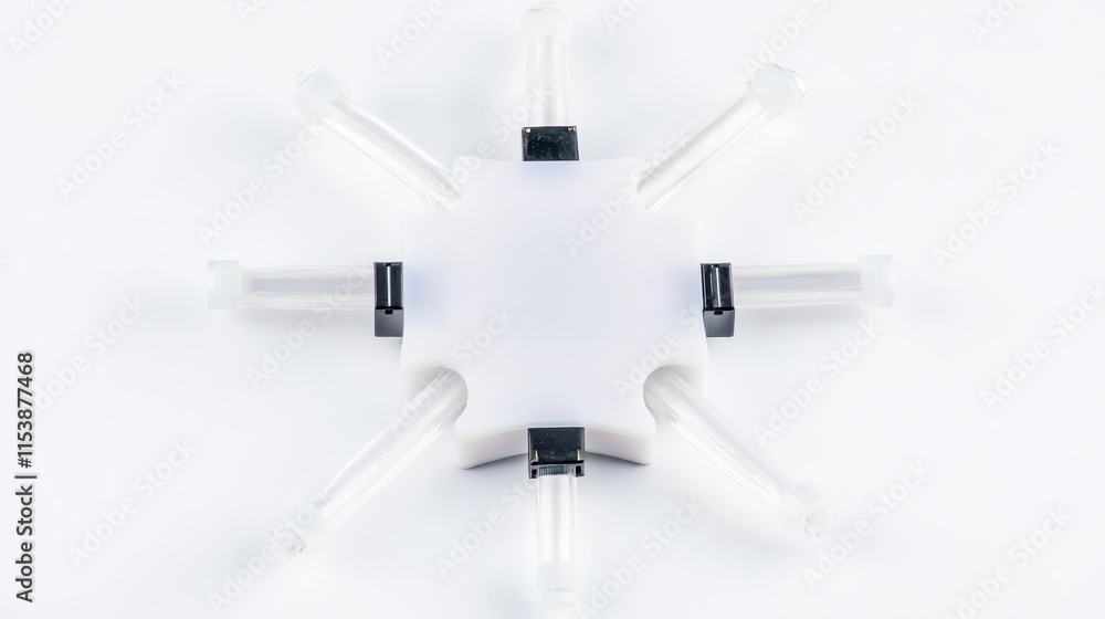 Poster a symmetrical device with multiple tubes extending from a central hub, designed for fluid transfer o