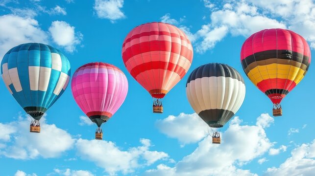 Colorful hot air balloons in red, pink, blue, beige, and multicolor floating in bright blue sky with white clouds for travel, adventure, tourism, and outdoor events background vibrant and joyful atmo