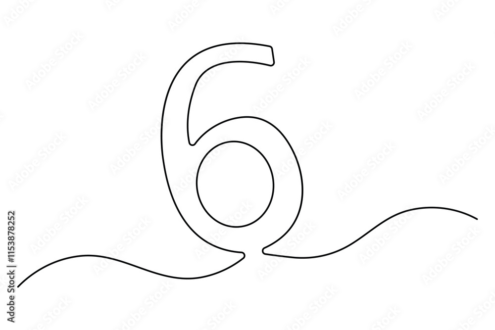 Fototapete Number six continuous one line drawing of number 6. editable One line drawing of number 6 icon. Vector illustration
