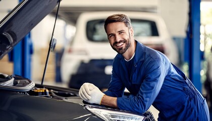 Smiling Mechanic: Confident auto mechanic in a blue uniform smiles proudly while working on a car in a well-lit garage.  Professional and friendly service is implied.