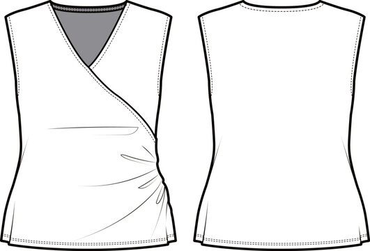 Technical flat sketch of Wrap sleeveless blouse. V-neck surplice top with gathered details. Pullover and popover. 
