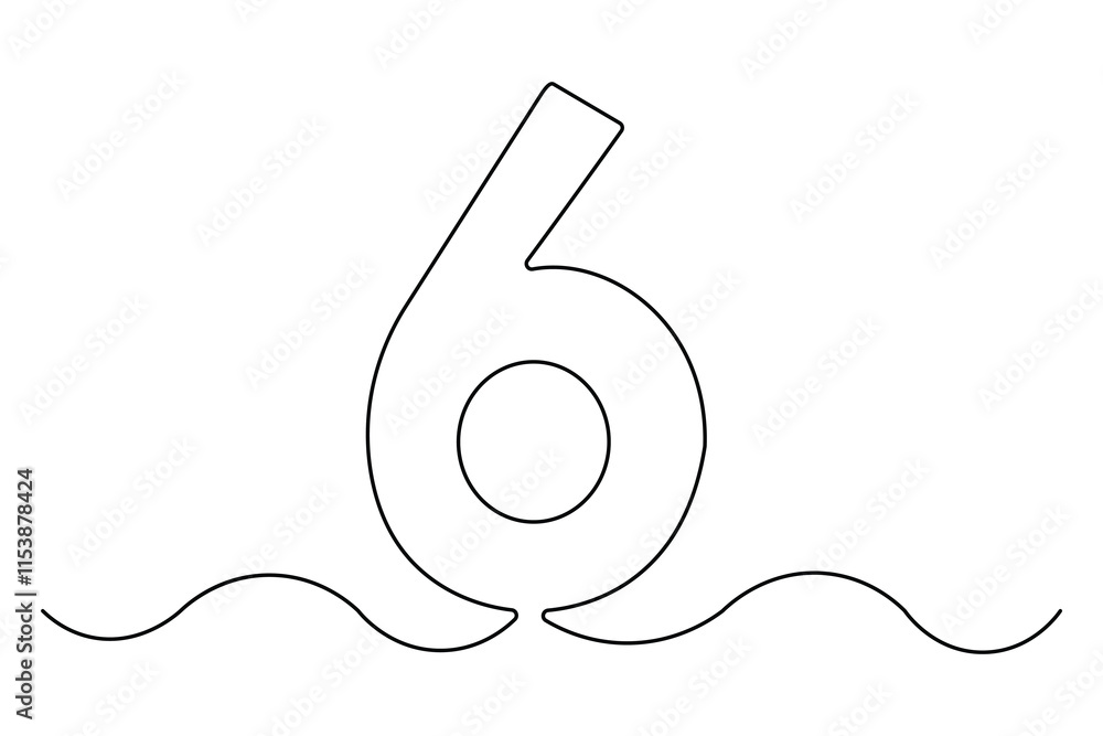 Fototapete number six continuous one line drawing of number 6. editable one line drawing of number 6 icon. vect
