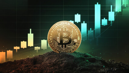 This image depicts a gold bitcoin coin in a mound of soil with a green graph background, suggesting crypto growth. The overall scene implies the beginning stages of prosperity or value increase