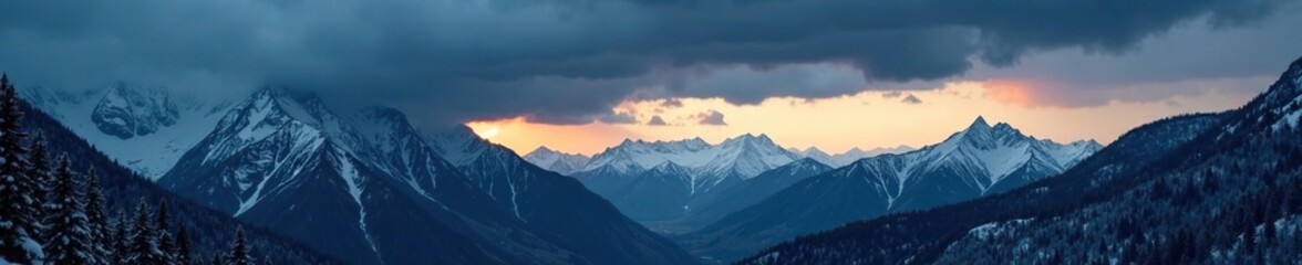 Fototapeta premium Dark grey storm clouds over mountains at dusk, dusk, snowflake