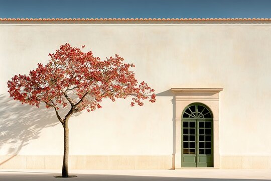Fachada vibrante con detalles coloridos y un &aacute;rbol en flor frente a una puerta verde