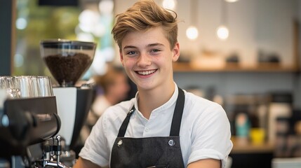 A young barista smiles while preparing coffee in a modern caf? setting.