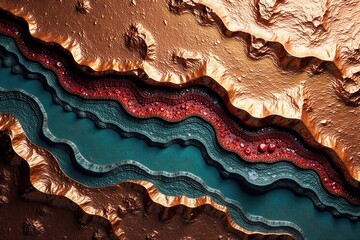 Fototapeta premium Copper-rich stone slab with layered minerals and texture, geological, layered