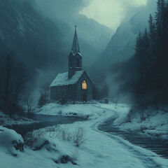 Snow-Covered Church in Winter Landscape with Frosty Trees and Atmospheric Fog