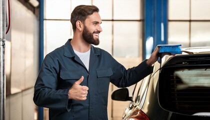 A Mechanic's Pride: A skilled automotive technician beams with satisfaction as he meticulously polishes a car, showcasing his expertise and dedication to delivering top-notch service.