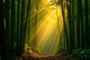 Fototapeta premium Bamboo forest at dawn with golden light filtering through, serene, warm