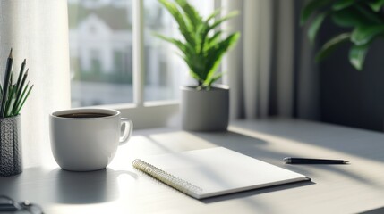 New year resolutions 2025 on desk. 2025 goals list with notebook, coffee cup on white. Resolutions, plan, goals, action, checklist, idea concept. New Year 2025 resolutions, copy space