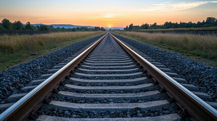Fototapeta premium Serene Sunset Over Railroad Tracks Stretching Into Distance Surrounded by Lush Greenery and Clear Sky, Symbolizing Journey and Exploration in Tranquil Landscape