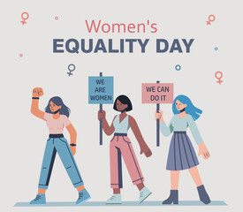  Vector banner for Women's Day. Three women feminist activists of different skin colors go together to protest for equality, empowerment and opportunities. For women's projects, websites, postcards