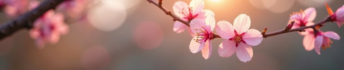 Obraz premium A single pale pink sakura blossom on a wooden tree branch in the morning light, spring, blossom