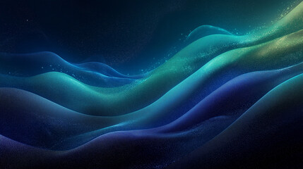 Obraz premium Abstract gradient from black to blue and emerald green. Smooth lines, light flashes, glitter, and neon highlights create a modern, dynamic look