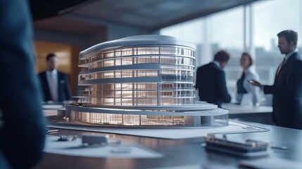 Architect or engineer team planning and designing a building in a meeting in the office or boardroom. City development planner or architecture group with a 3d model and working on a strategy