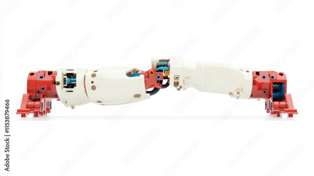 Poster a mechanical robotic arm with articulated joints, designed for precision tasks, featuring a combinat