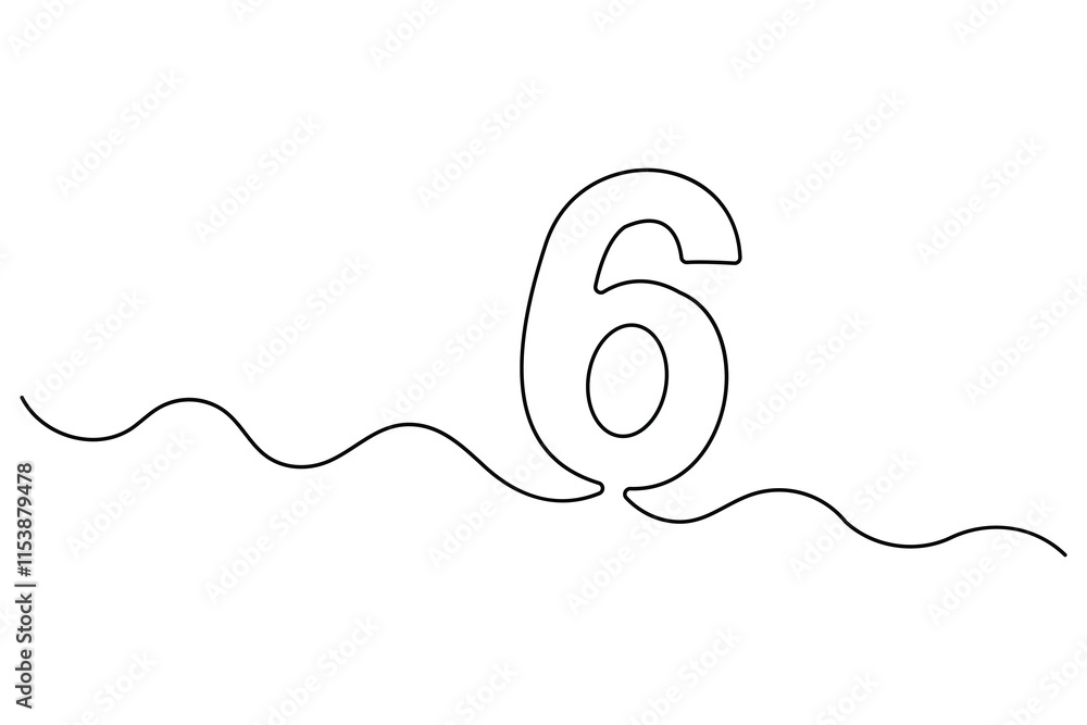 Fototapete number six continuous one line drawing of number 6. editable one line drawing of number 6 icon. vect