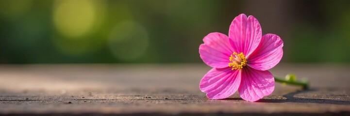 A single pink Manuka flower is placed on a wooden table, photography, flowers, flower
