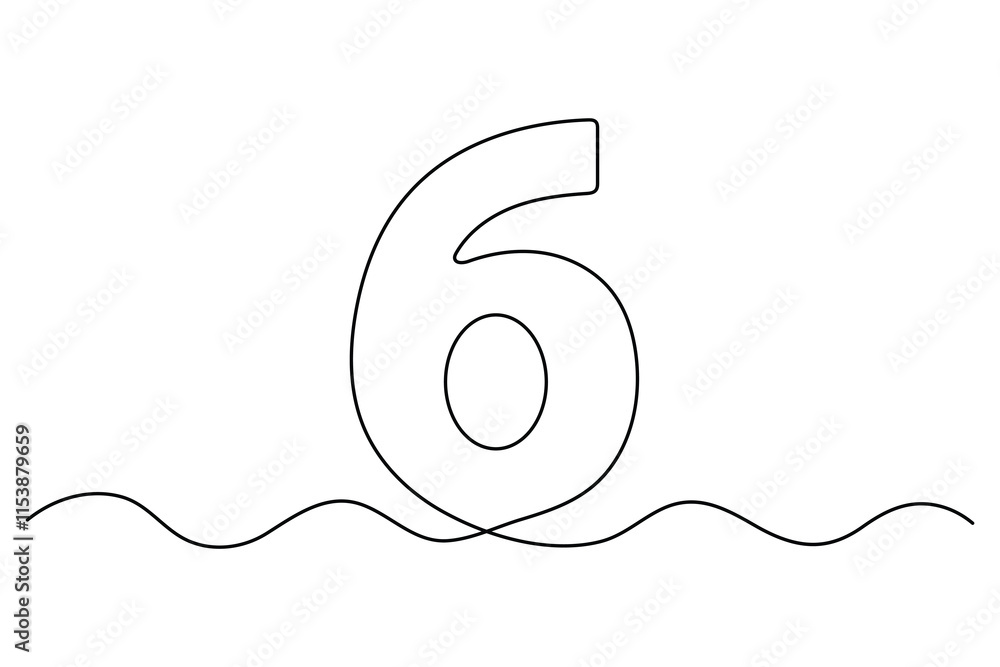 Fototapete number six continuous one line drawing of number 6. editable one line drawing of number 6 icon. vect