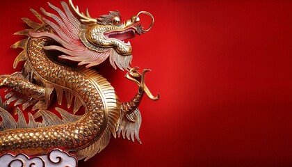Fototapeta premium Majestic Golden Dragon on Red: A powerful image of a golden Chinese dragon, intricately detailed and set against a vibrant red background. Perfect for projects related to Chinese culture, mythology.
