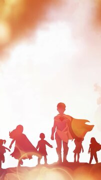 Silhouette of children wearing superheroes costumes. Cartoon animation