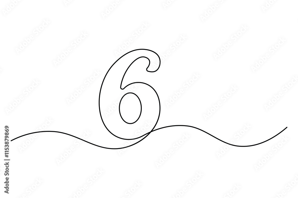 Fototapete number six continuous one line drawing of number 6. editable one line drawing of number 6 icon. vect