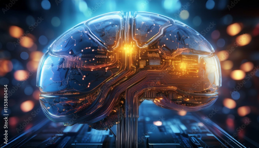 Poster cybernetic brain: a futuristic digital brain, glowing with internal circuitry, rests on a technologi