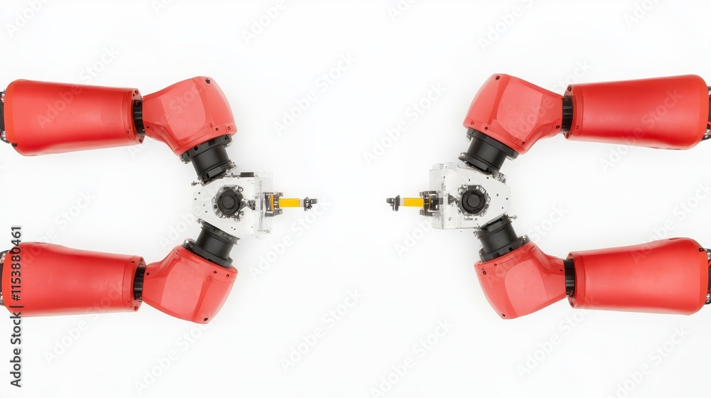 Poster a pair of robotic arms with red joints, designed for precise movements, showcasing advanced technolo