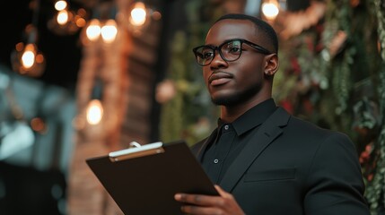 The event planner holding clipboard