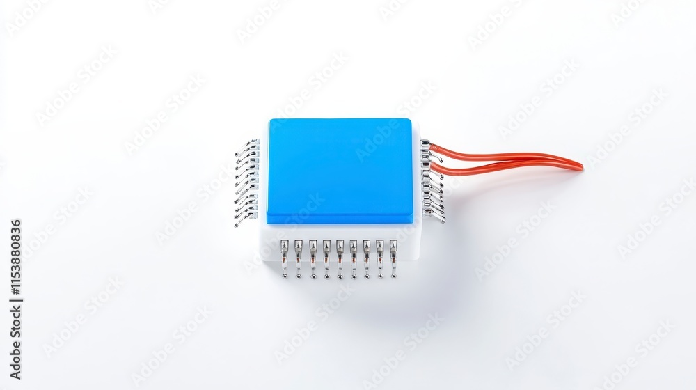 Poster a small electronic component with a blue top and red wires, featuring multiple metal pins for connec