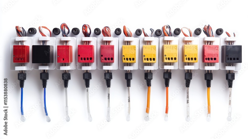 Poster a row of colorful electronic components, featuring various connectors and cables, likely used for ci