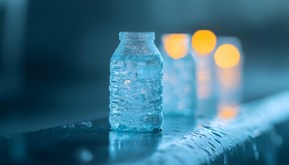 Clear water bottles with droplets sit gracefully, reflecting light and evoking refreshment in a tranquil setting.