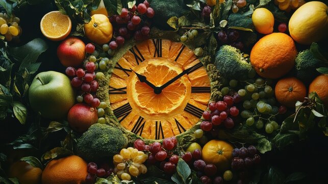 Fresh ripe fruits and vegetables in shape of clock showing time of 23 hours 55 minutes, concept of new years resolutions