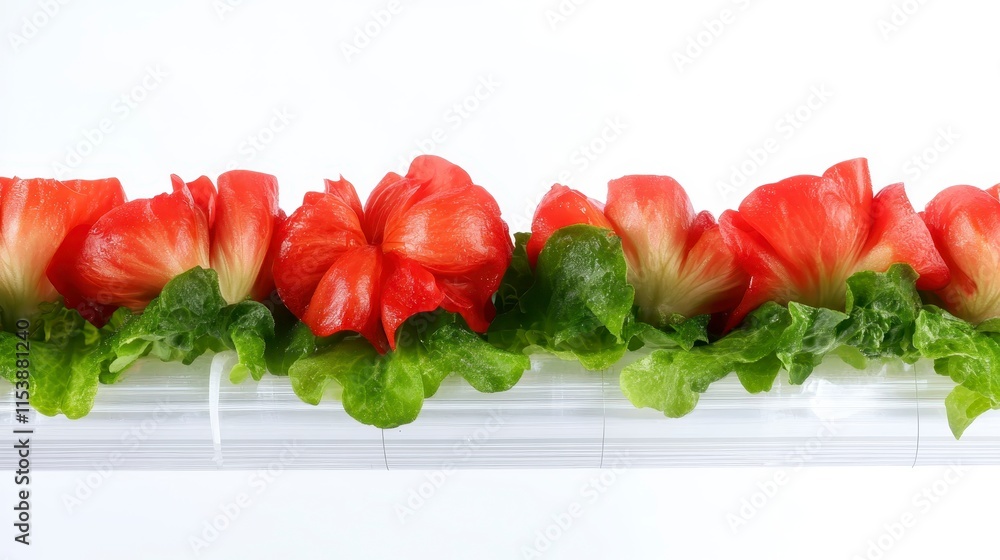 Poster bright red flowers line a clear container with vibrant green lettuce, creating a visually appealing 