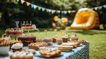 Delicious desserts at an outdoor children's party.