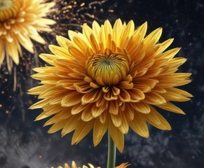 Golden chrysanthemum firework burst against night sky, fireworks, pyrotechnics