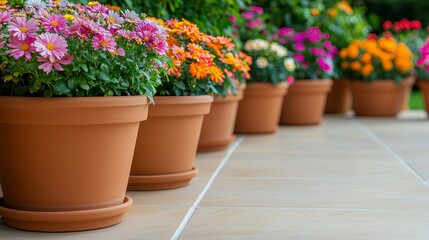 Colorful Flower Pots with Vibrant Blooms on a Patio, Showcasing a Beautiful Outdoor Garden Space Perfect for Spring and Summer Decor