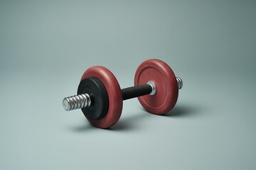 A studio shot of a red and black dumbbell isolated on a light gray background. The dumbbell is lying horizontally, showcasing its design and weight plates.