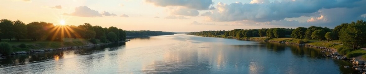 Fototapeta premium The Volga River flows calmly into the distance, calmly, vast