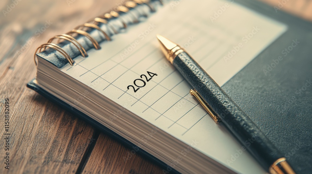Poster notebook with 2024 goals text on it to apply new year resolutions and plan.