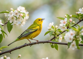 Obraz premium Yellow Songbird Perched on Flowering Branch in Springtime