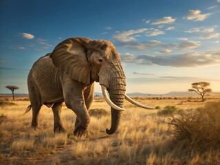Naklejka premium Majestic Elephant Walking in African Savannah During Stunning Sunset Hour