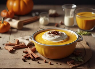 Pumpkin puree blended with heavy cream and spices,  rich,  warm, pumpkin