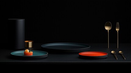 Dark table setting with teal, orange plates, gold cutlery, and small appetizer.